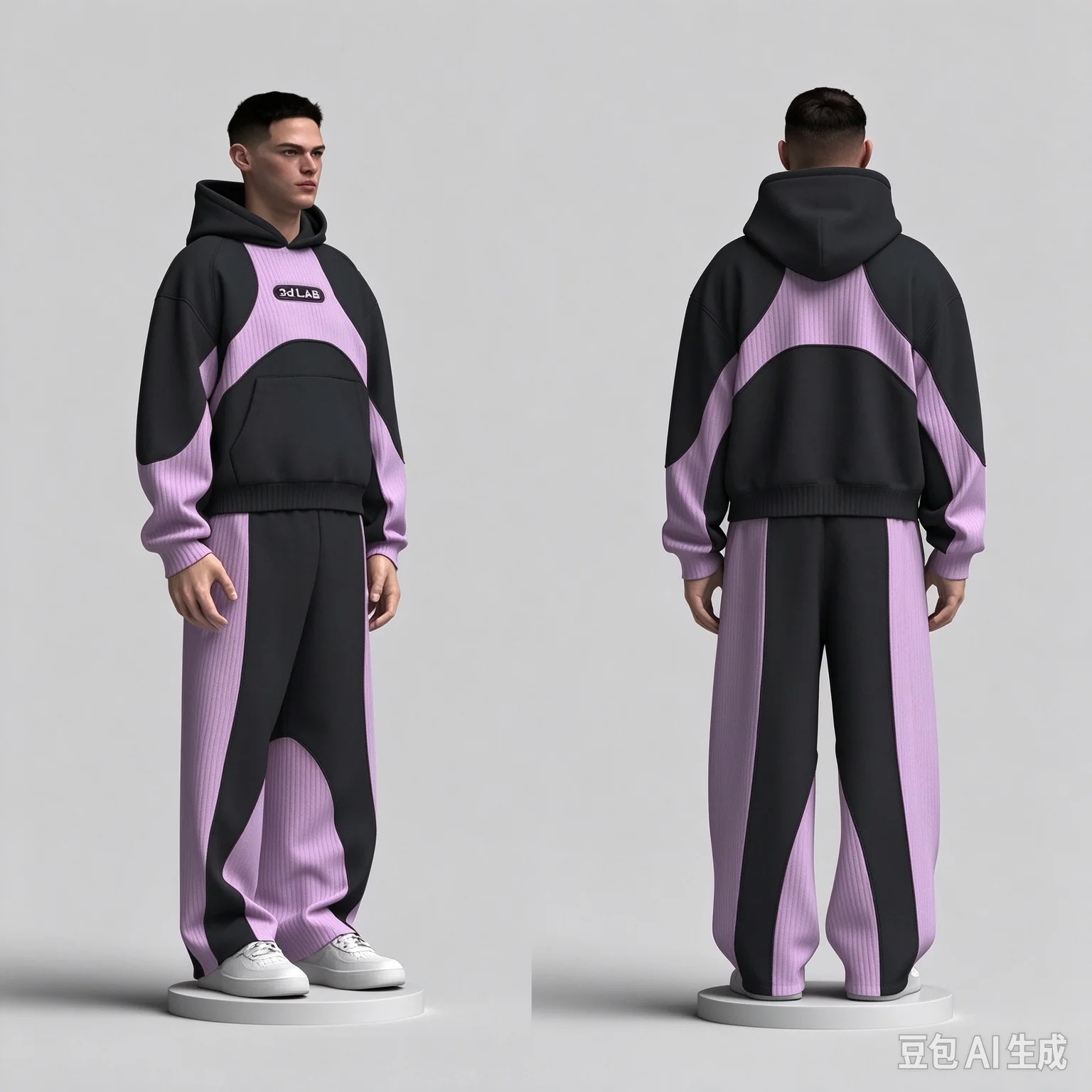 Techwear Streetwear 2Pcs Tracksuit Geometric Color Block Patchwork Hooded Sweatshirt Baggy Wide Leg Sweatpants Unisex Casual Set