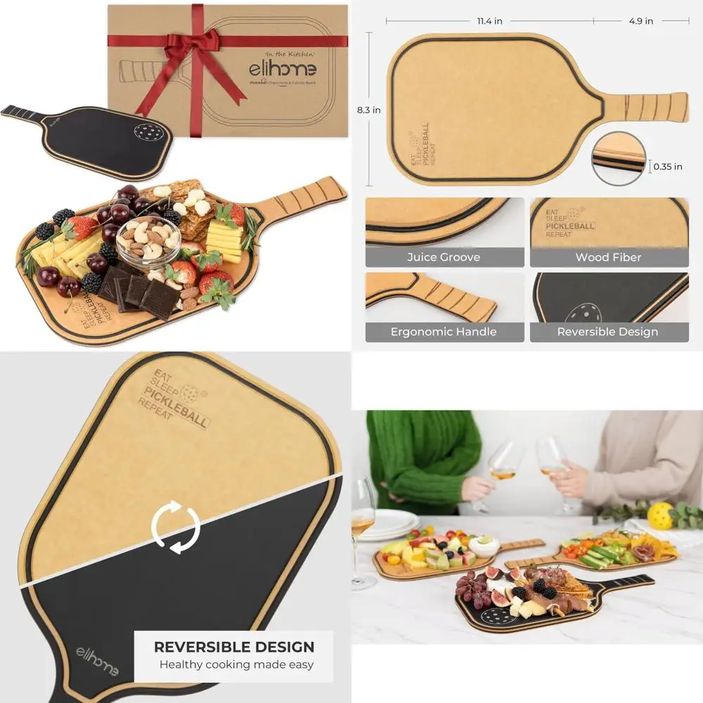 

Доска для закусок в стиле пиклбол с двусторонним дизайном, идеально подходит для мужчин и женщин, из дерева с ручкой, можно мыть в посудомоечной машине.