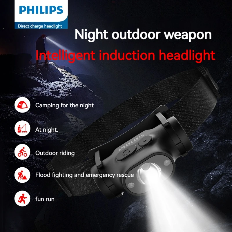 Philips Self-Defense ไฟหน้าเซนเซอร์ไฟฉายแสง Type-C ไฟหน้าแบบชาร์จไฟได้กลางแจ้ง Camping โคมไฟตกปลา