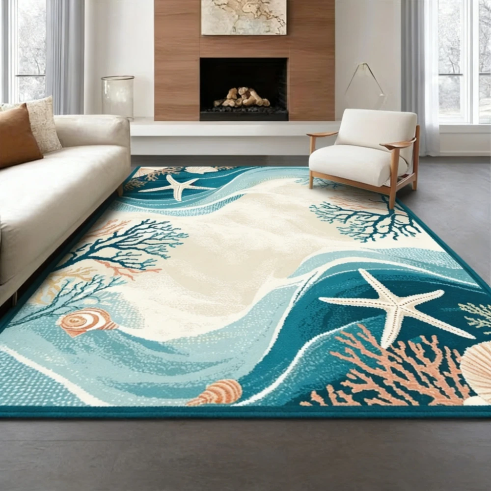 Ocean Wave Starfish Coral Shell Area Rug, Washable Large Floor Mat for Under‑Bed & Outdoor Use, Durable Home Decor Non‑Slip Mat