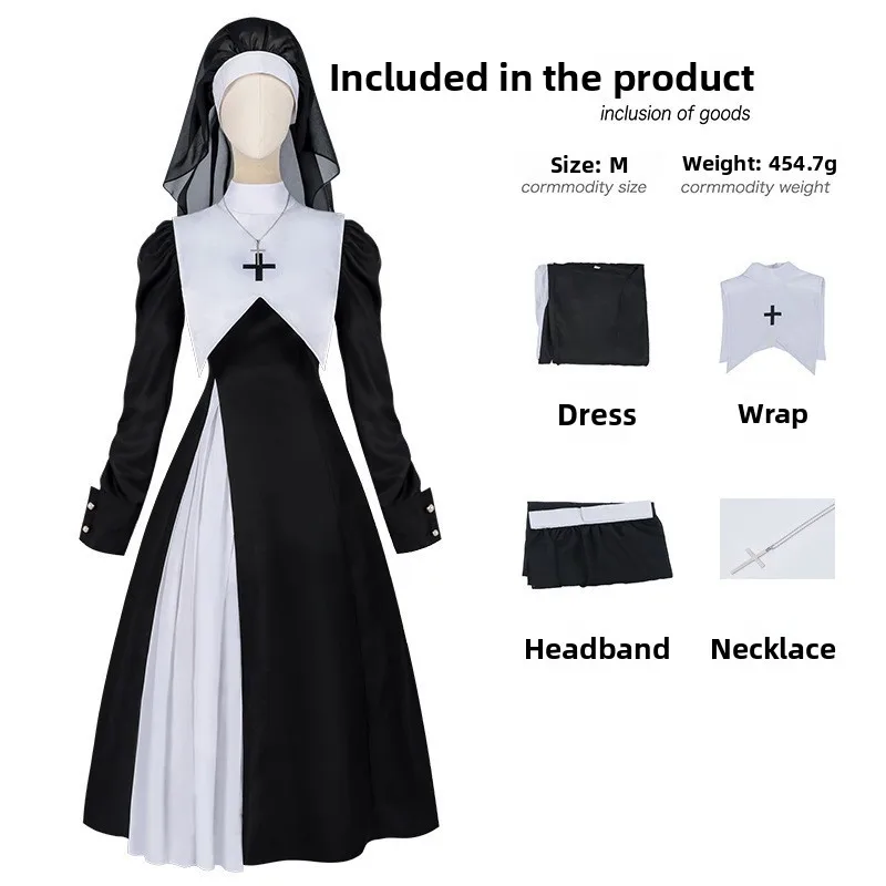 Damen Krankenschwester Nonne Kostüm mit Puffärmeln und weißer Schürze, Gothic Halloween Horror Party Cosplay Event Kirchen-Thema Outfit – Detail 15