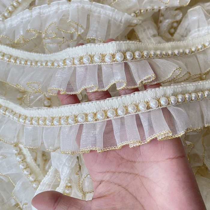 4cm wide white gold thread small fragrance pleated pearl lace skirt hem cuff lace accessories