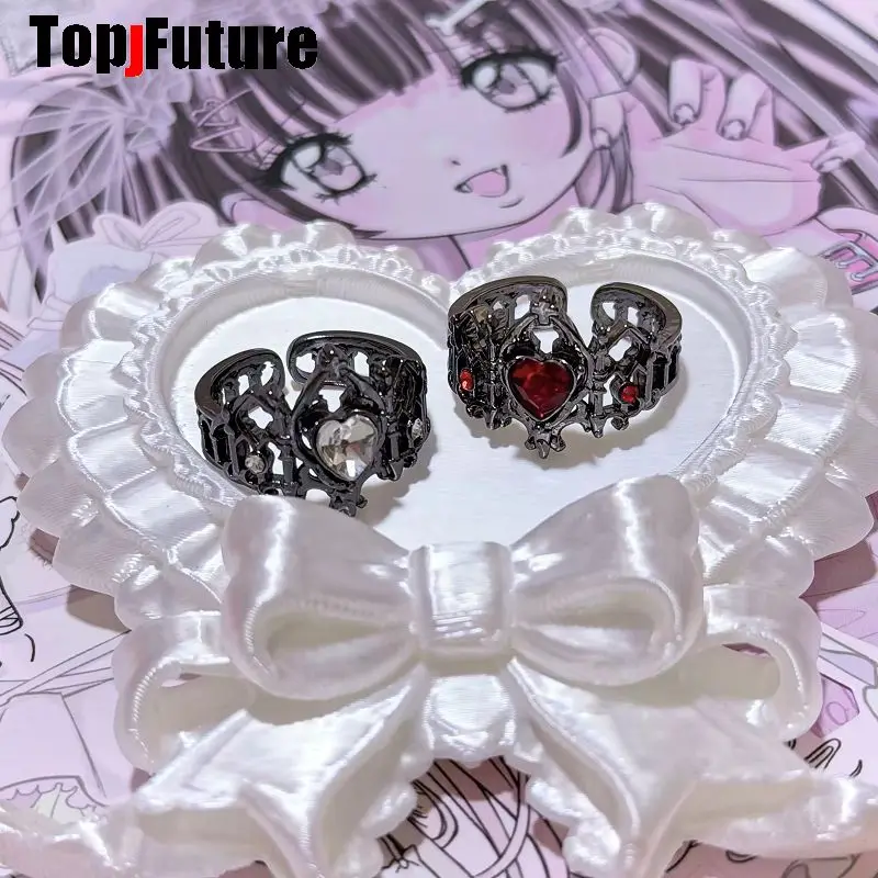 Japanese Y2K Dark Punk Heart Ring Sweet Cool Harajuku Style Open Adjustable Ring Goth Lolita Aesthetic Finger Jewelry For Women
