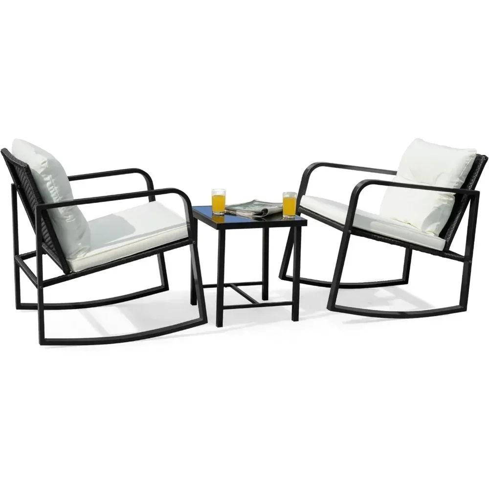 

Patio Chairs 3 Piece Wicker Rocking Chair Outdoor Bistro Sets with Coffee Table and Cushions Metal Frame Patio Furniture for Po
