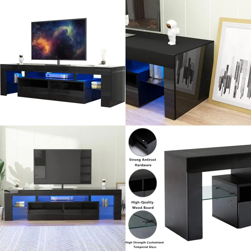 Modern High Glossy LED TV Stand for 60-70 Inch TVs, Entertainment Center with Drawer and LED Lights, Television Table