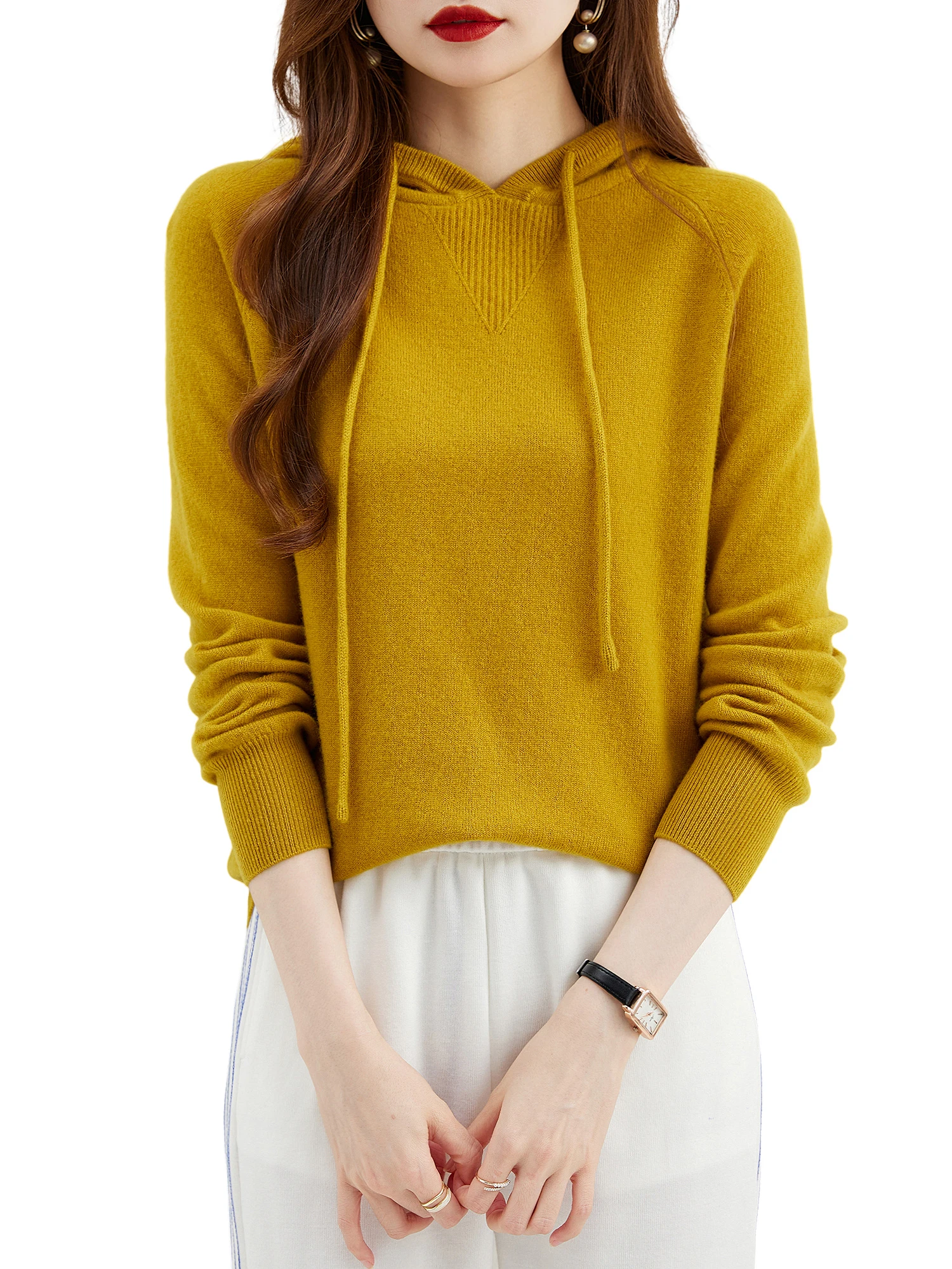 Suéter de manga comprida feminino 100% lã merino, moletom com capuz, tops quentes, pulôver de malha, roupa feminina, outono, inverno, 2023