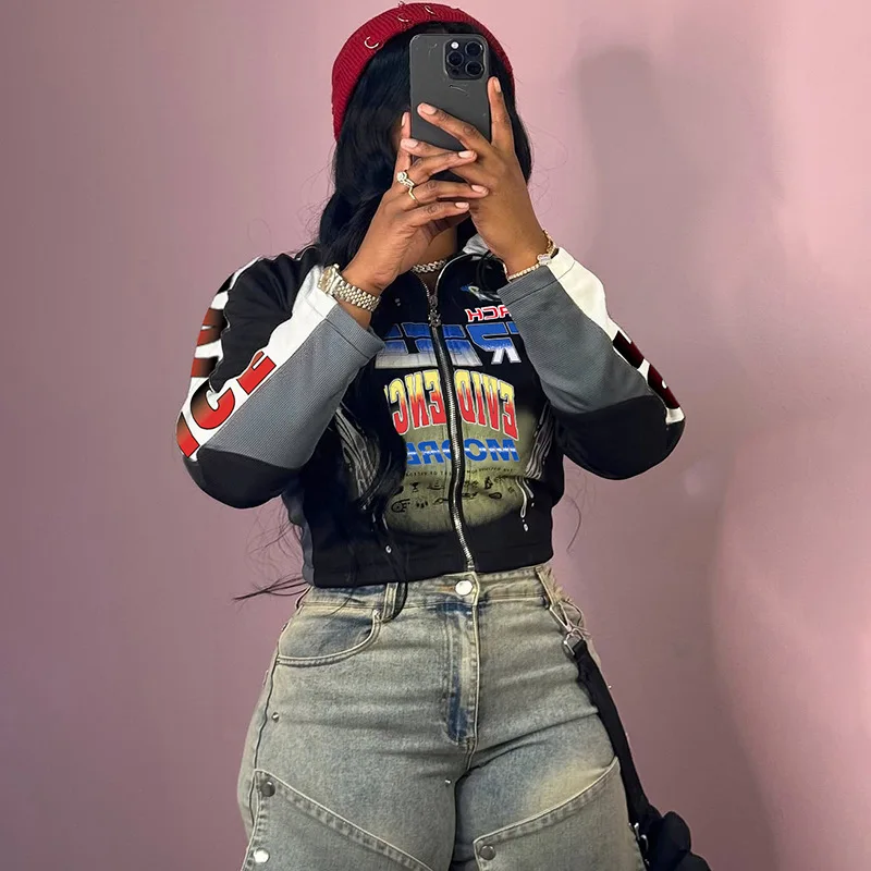 

Leosoxs Hipster Patchwork Women Jacket Letter Print Zip Full Sleeve Fall Trend Cool Streetwear Thin Basic Outwear Crop Coat 2025