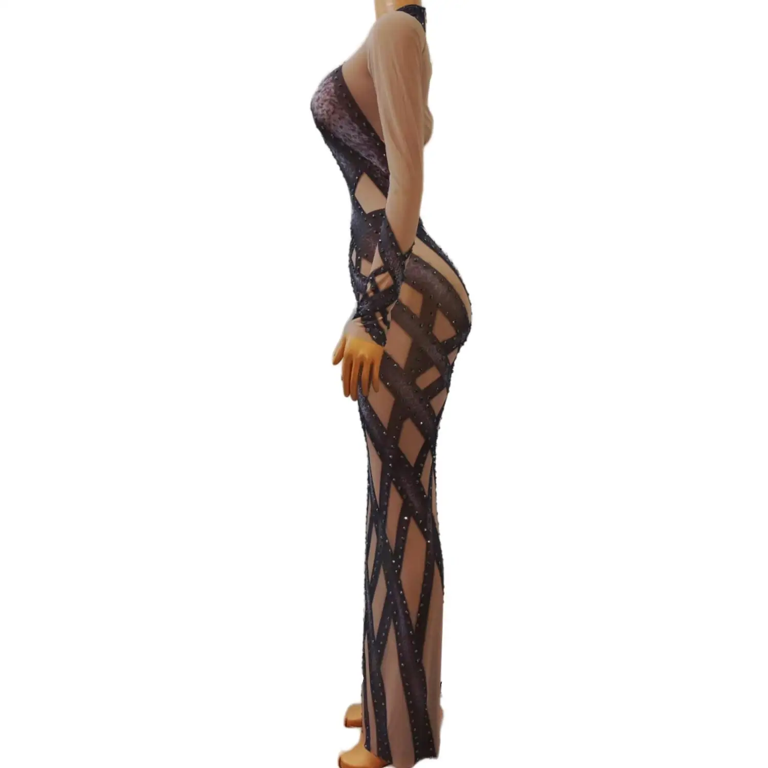 Jiaocuo Black Brown Geometric Rhinestone Sheer Mesh Long Sleeve Maxi Dress for Drag Queen Burlesque Cabaret Stage Performances view 3
