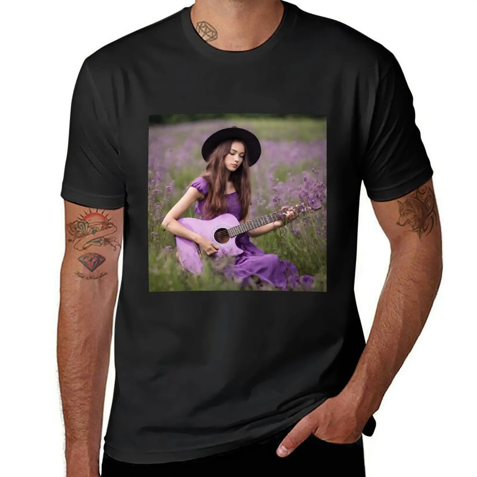 Sexy girl plays the purple guitar. on the meadow. T-shirt Blouse vintage animal prinfor boys oversized T-shirt men