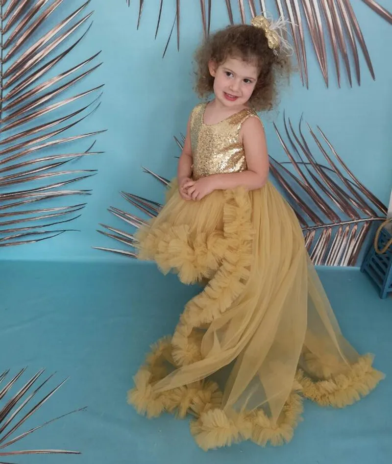 

Flower Girl Dress with Detachable Train Gold Tulle Sequined Top Princess Prom Christmas Dress Child Birthday Gown Size 1-14T