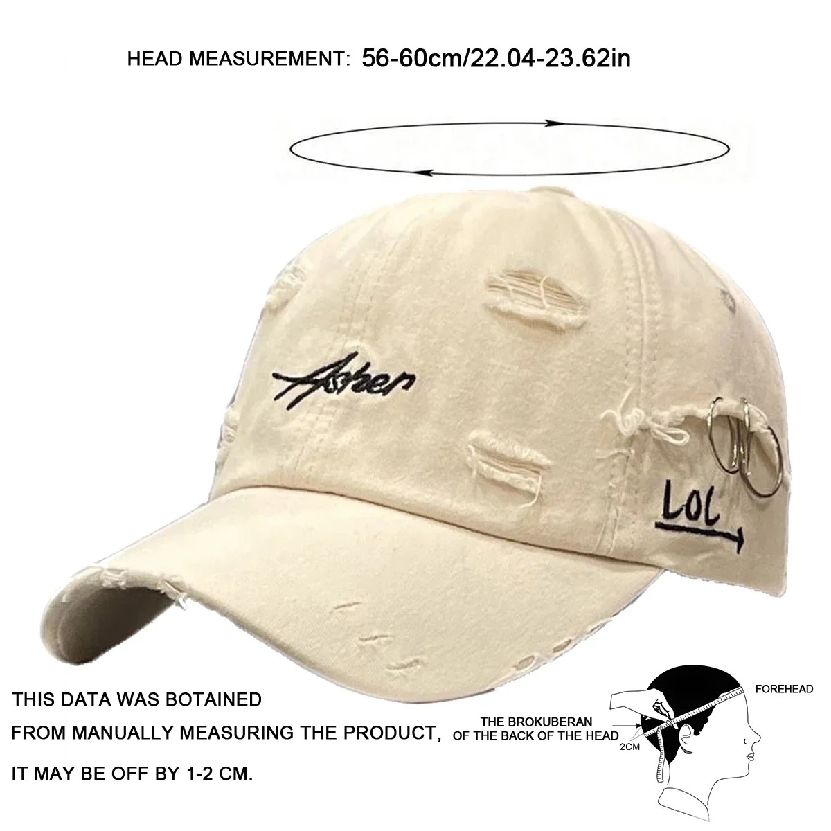 Unisex Asher Embroidery Broken Hole Iron Ring Baseball Caps Outdoor Adjustable Spring and Autumn Casual Sunscreen Hat - view 6