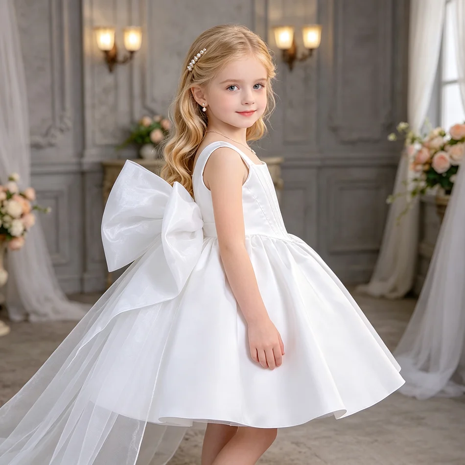 Girls White Satin Flower Girl Dress with Big Bow and Train Formal Gown for Wedding Events Photoshoot and Family Parties ASQ03