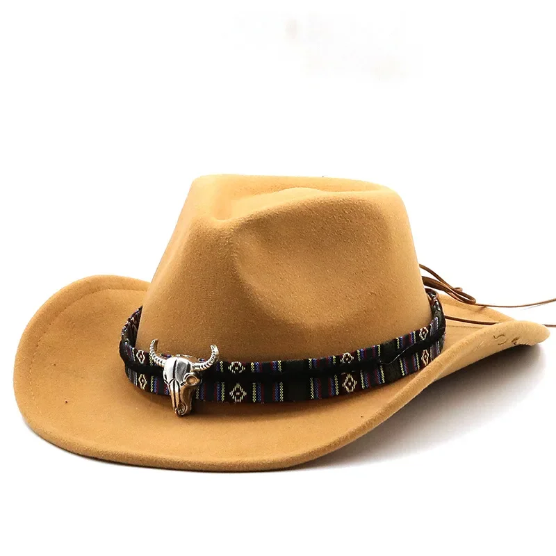 Fashion Western Cowboy Hat with Cow Head Band Wide Brim Pop Jazz Hat Winter Men Women Jazz Wool Hat Cow Girl