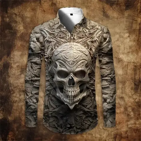 Men's 3D Skull Print Shirt Vintage Lapel Button Top Long Sleeve Halloween Cosplay Streetwear