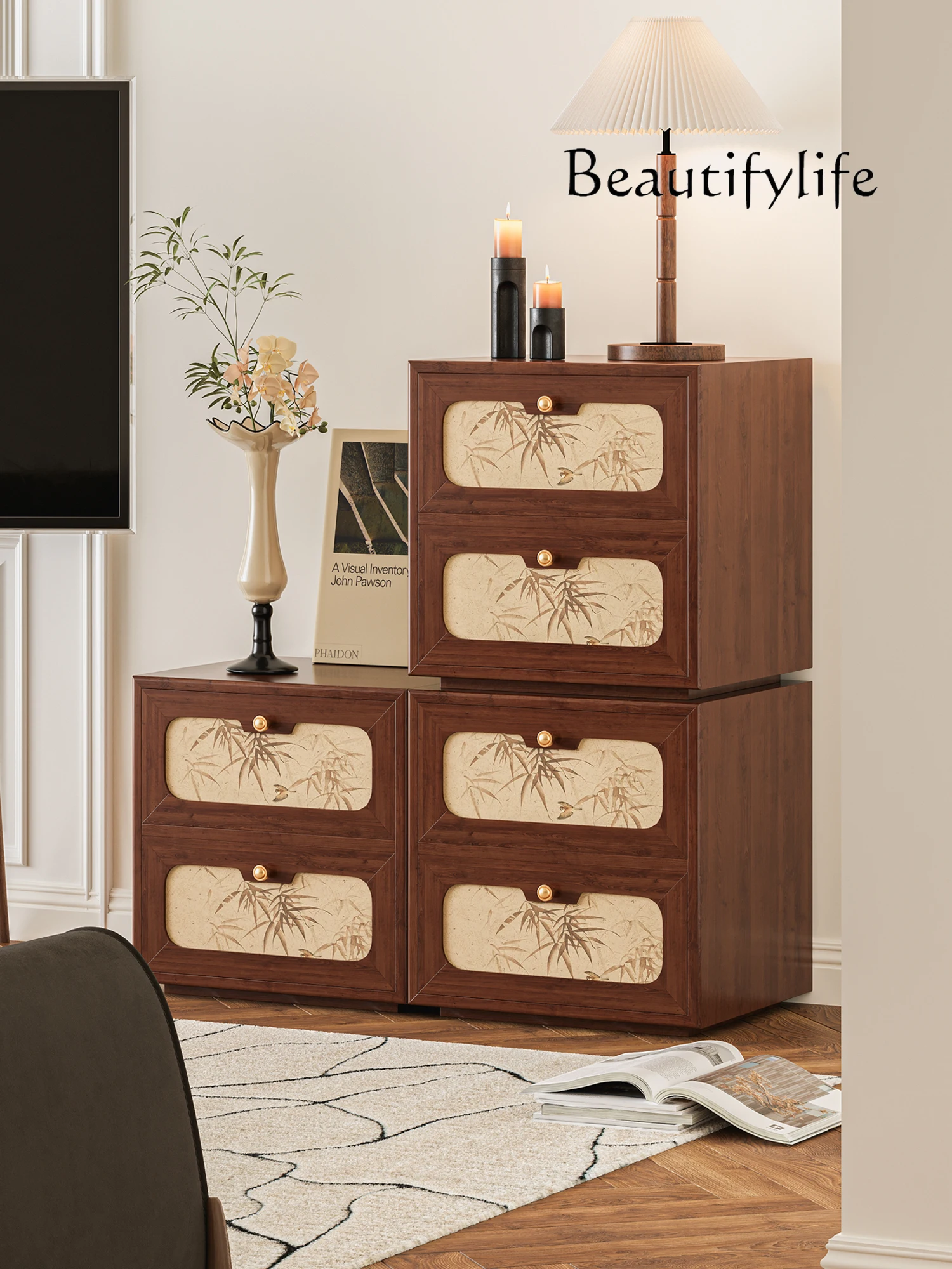 Pastoral Simple Bamboo Leaf Chest of Drawers Artistic Style Side Cabinet Solid Wood Combination Bedside Cabinet Movable