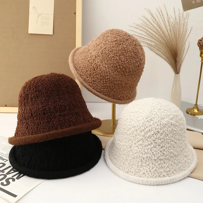 

Bucket Hat Women Knitted Bob Cap Autumn Winter Hats For Women Faux Fur Fisherman Cap Keep Warm All match Korean Sunshade New