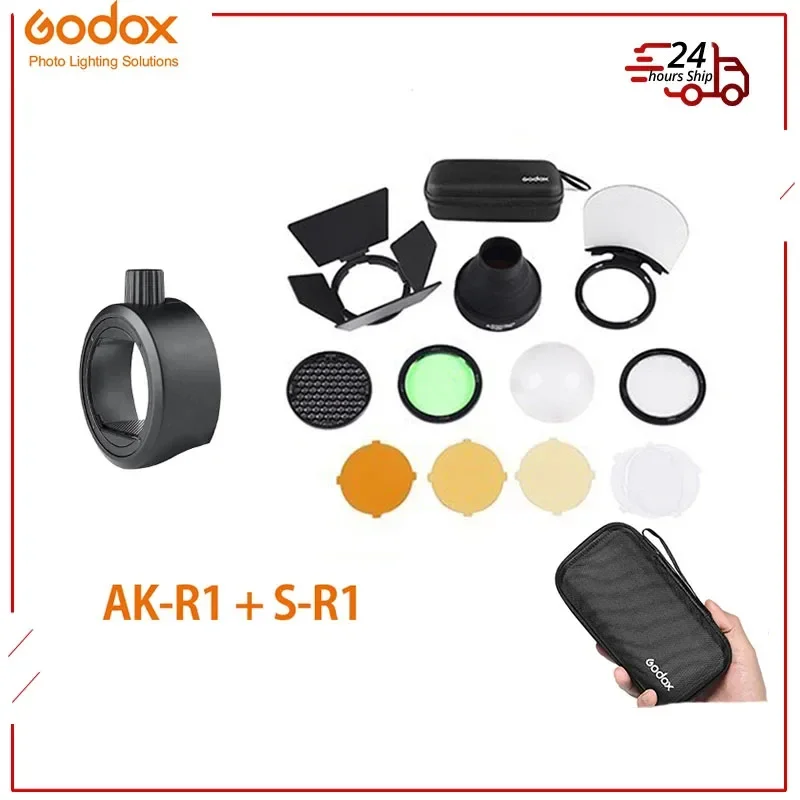 Godox AK-R1 + S-R1 Barn Door, Snoot, Color Filter, Reflector, Honeycomb, Diffuser Ball Kits for Godox AD200 H200R V1 Flash Head