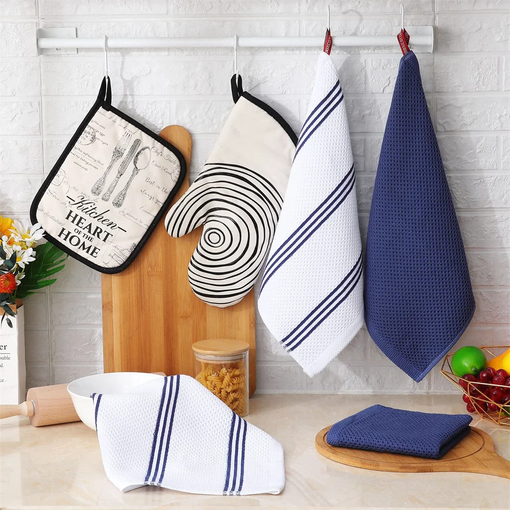 Kitinjoy 4/6pcs Cotton Towel For Kitchen Waffle Weave Stripe Kitchen Towel Absorbent Dishcloth Soft Drying Home Cleaning Cloths