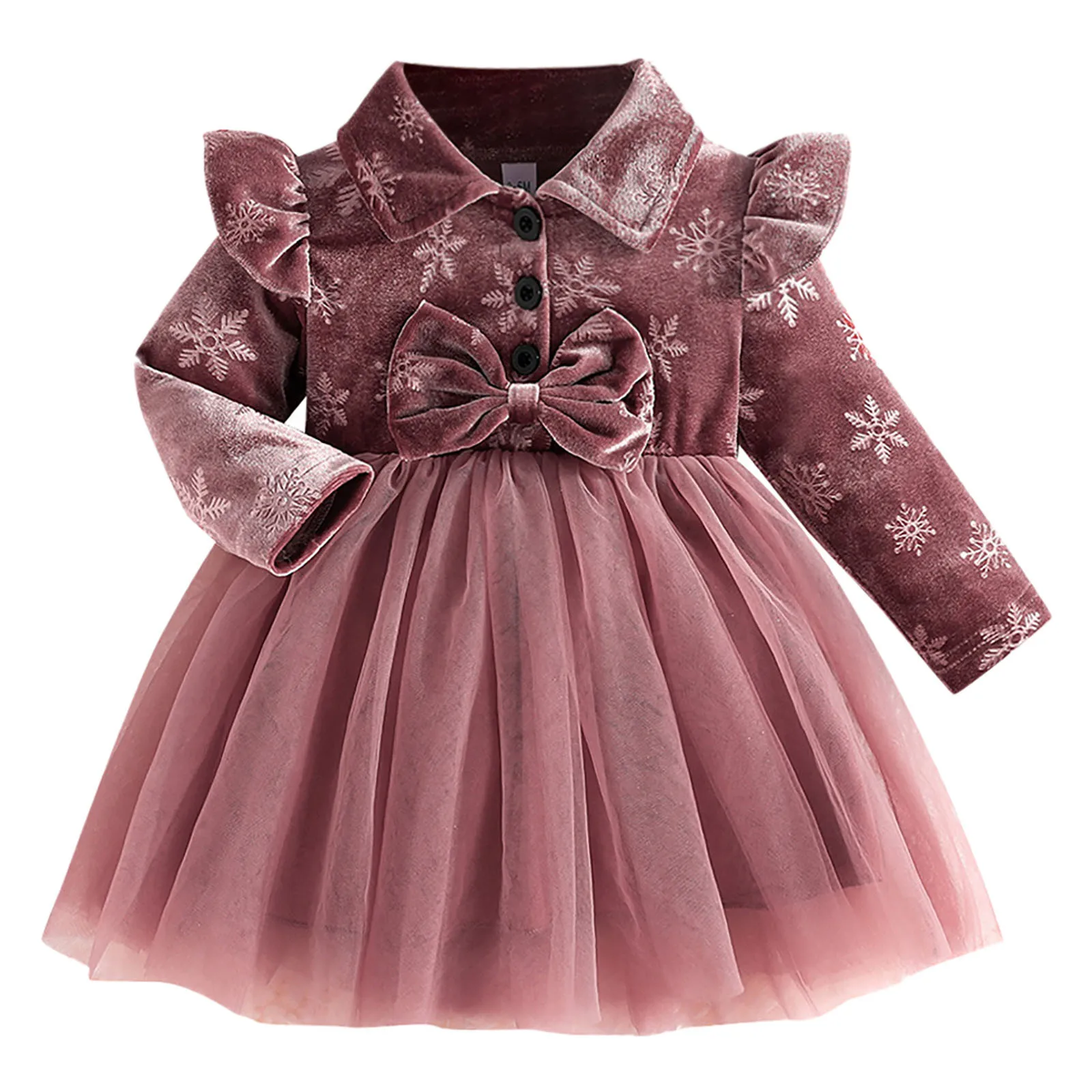 Toddler Children Girls Long Sleeve Bowknot Flowers Prints Dresses Dress Velvet Clothes Winter Princess Dresses for Baby Party