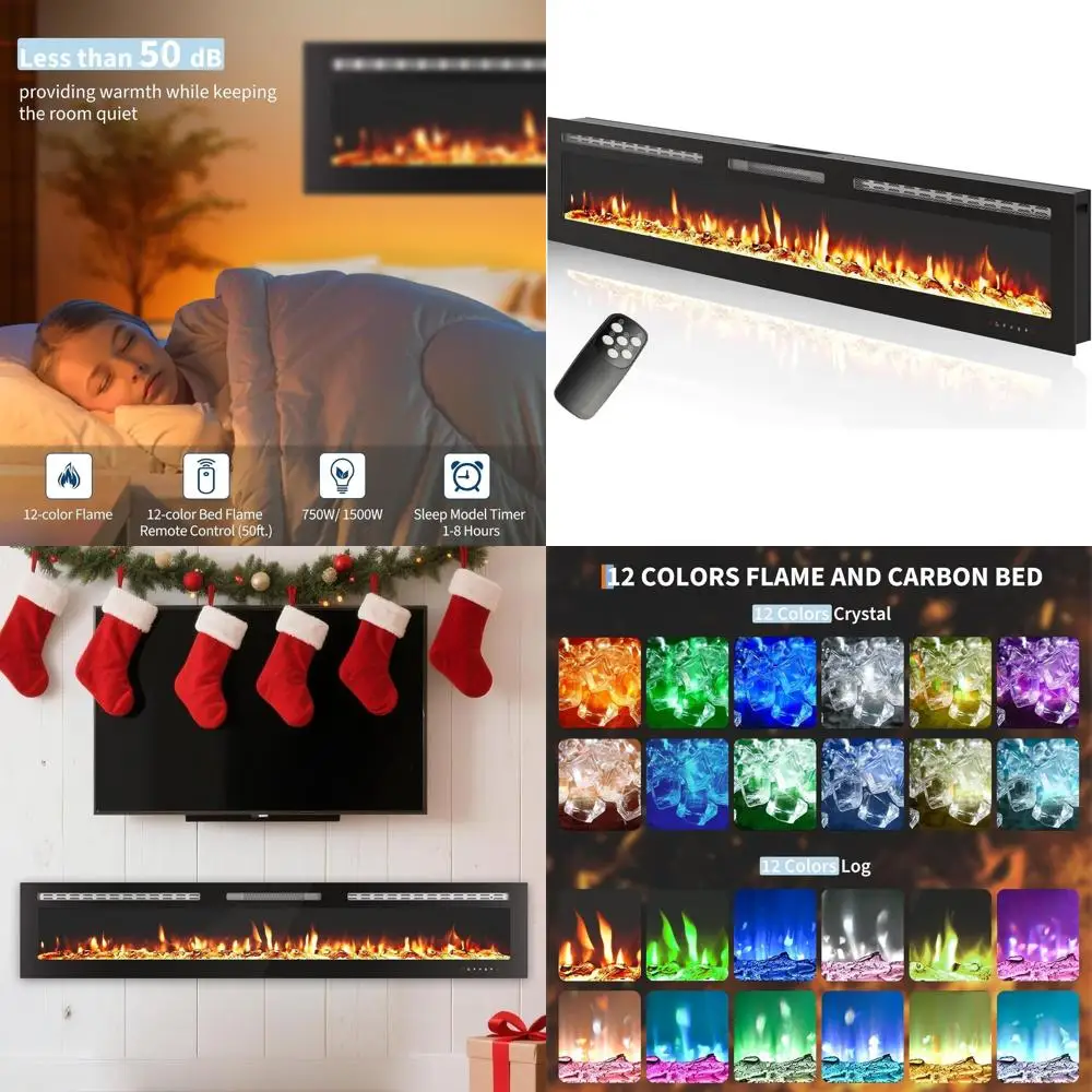 

Электрический камин, встраиваемый и настенный, с линейным пламенем и многоцветной LED-подсветкой, 750/1500 Вт, Wi-Fi и пульт ДУ, с имитацией дров и кристаллов