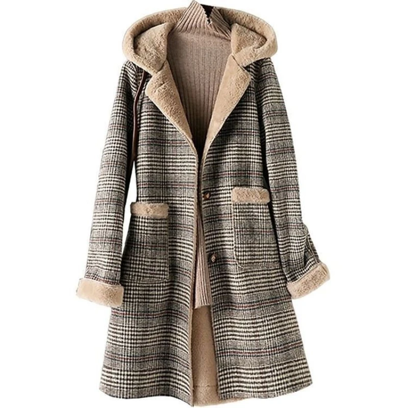 Women\'s Plaid Wool Coat Thic Velvet Thickened Warm Mid-Length Jackets Hooded Warm Woolen Coat Ladies Winter Jacket Faux Fur Coat