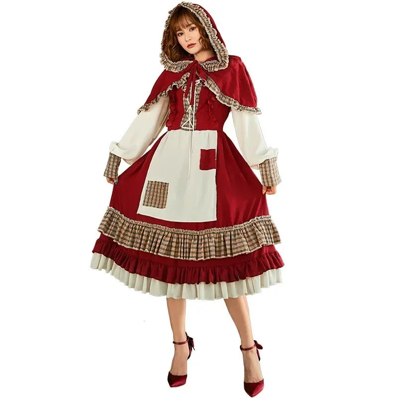 Lace Patch Lolita Little Red Riding Hood Long Dress Cosplay Costume Suit With Cape For Girls Woman Party Costumes