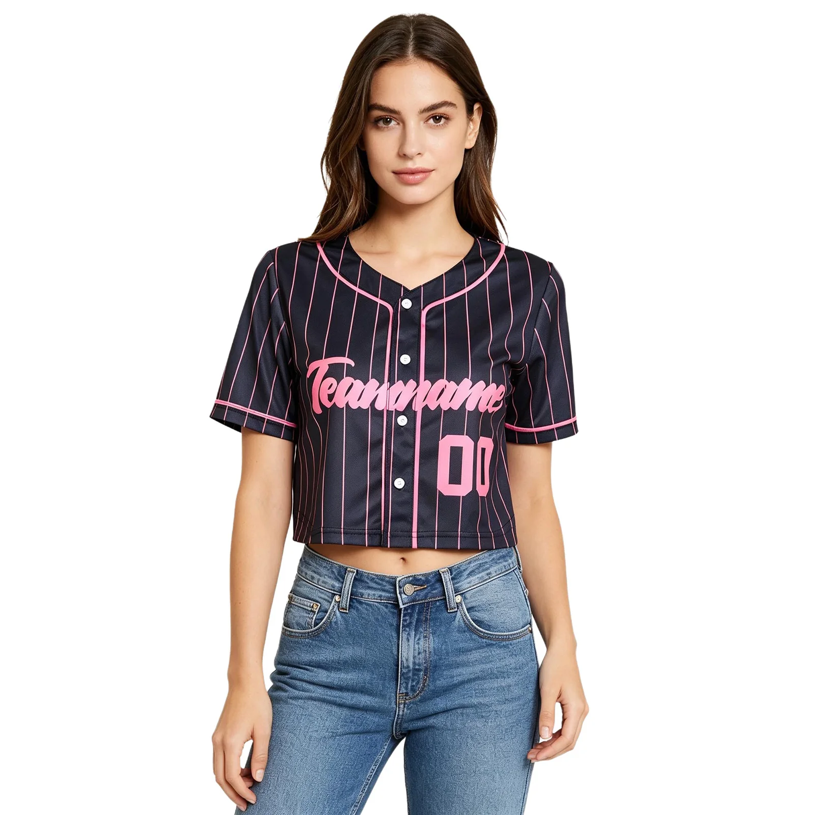 Womens Buttons Stripes Hip Hop Baseball Tops American-style Cropped T-Shirts Letters-printed V-neck Short Sleeve Y2K Jersey