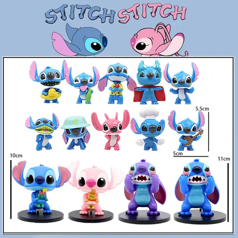 애니메이션 10pcs 5cm 스티치 인형 피규어 10/11cm 스티치 인형 4 피스 만화 스티치 장난감 장식품 마이크로 케이크 데스크 장식