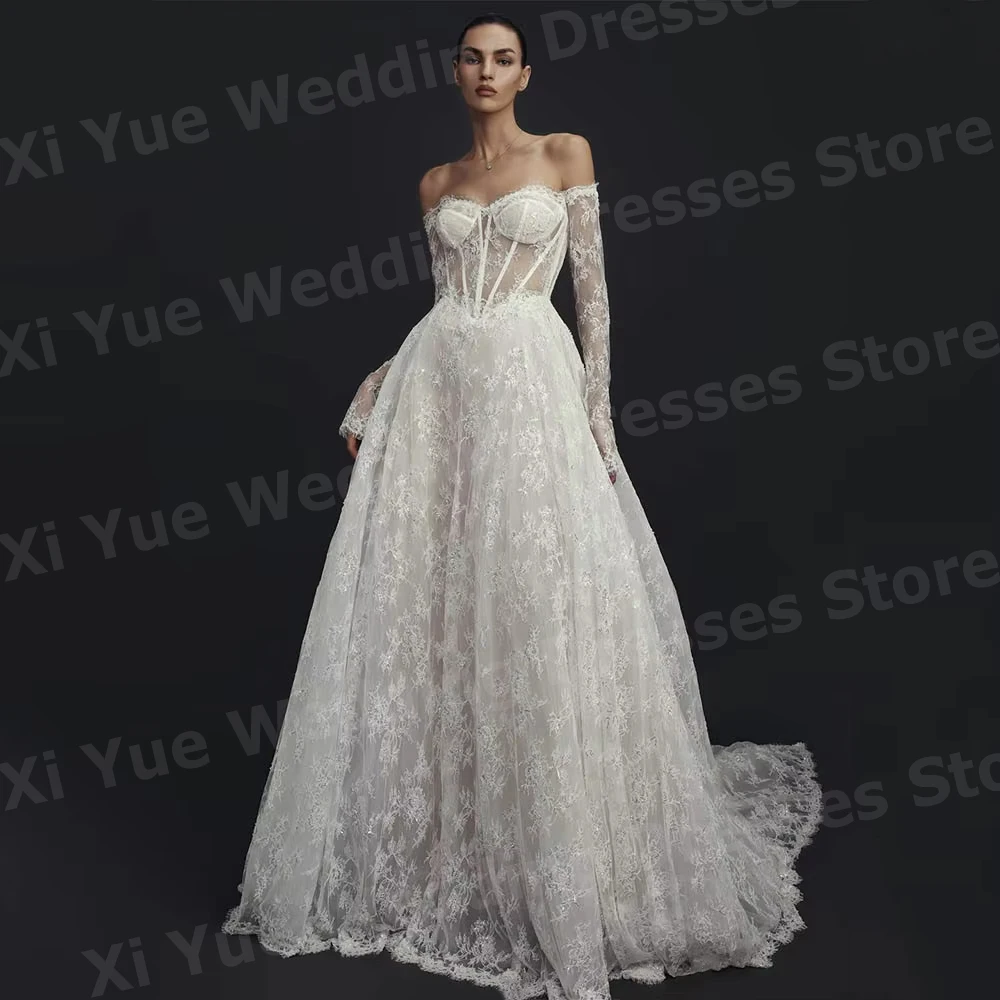 Graceful A Line Women's Lace Off The Shoulder Wedding Dresses Vestido De Novia Bride Gowns Long Sleeve Customized Robe De Mariée