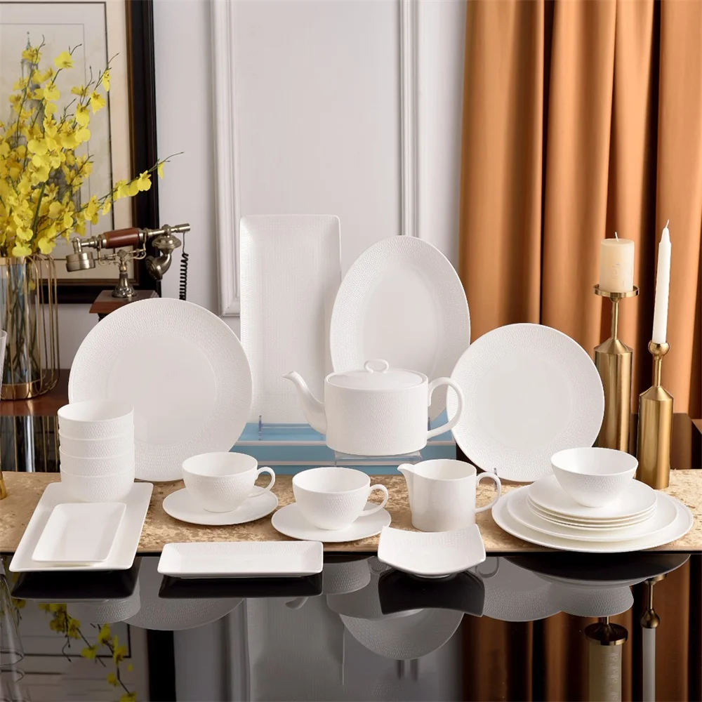 

Европейская королевская белая сотовая рельефная керамическая обеденная тарелка, домашняя легкая роскошная кофейная чашка и блюдце, набор рисовых чашек, кружка, чайник