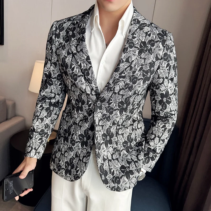 

Mens Floral Print Blazer Jacket Men Korean Trend Streetwear Hip Hop Casual Suit Male Slim Fit Blazers Masculino Homme Coat