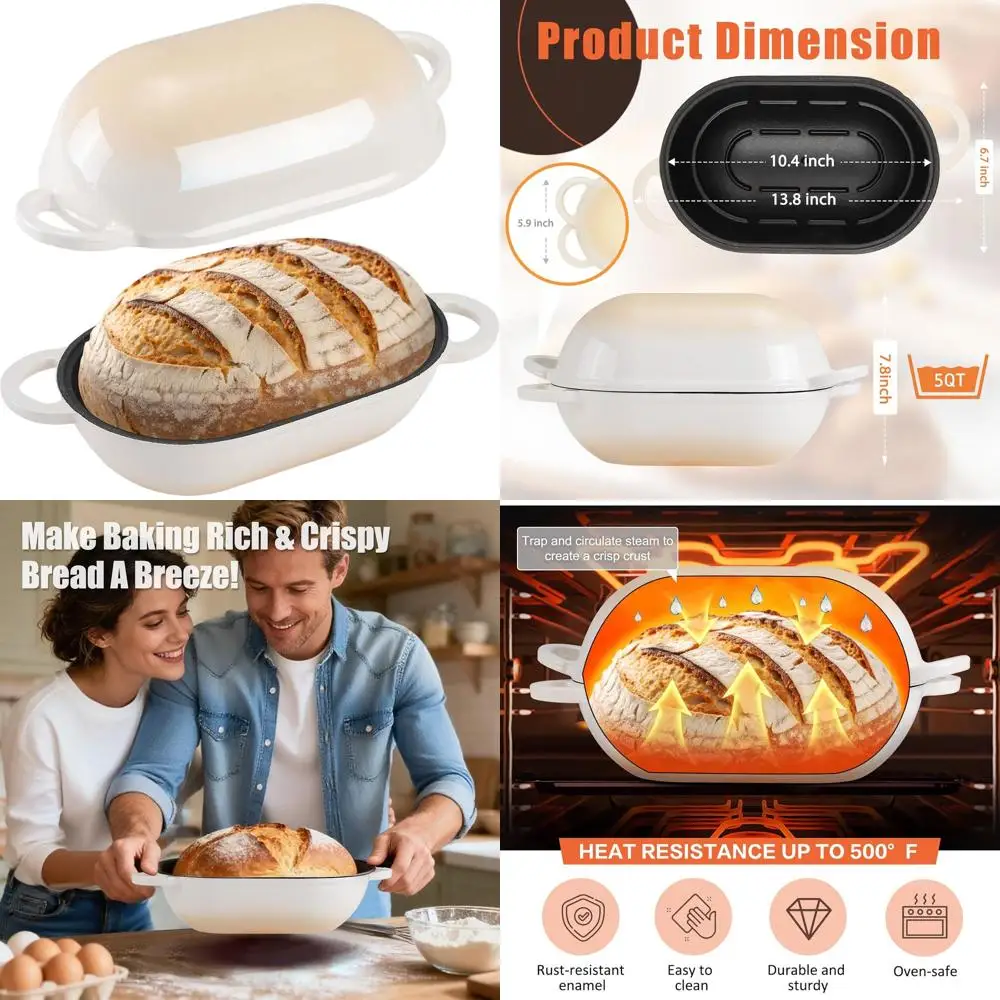 

5-Quart Cast Iron Sourdough Bread Pan with Lid, Oval Dutch Oven for Homemade Bread Baking