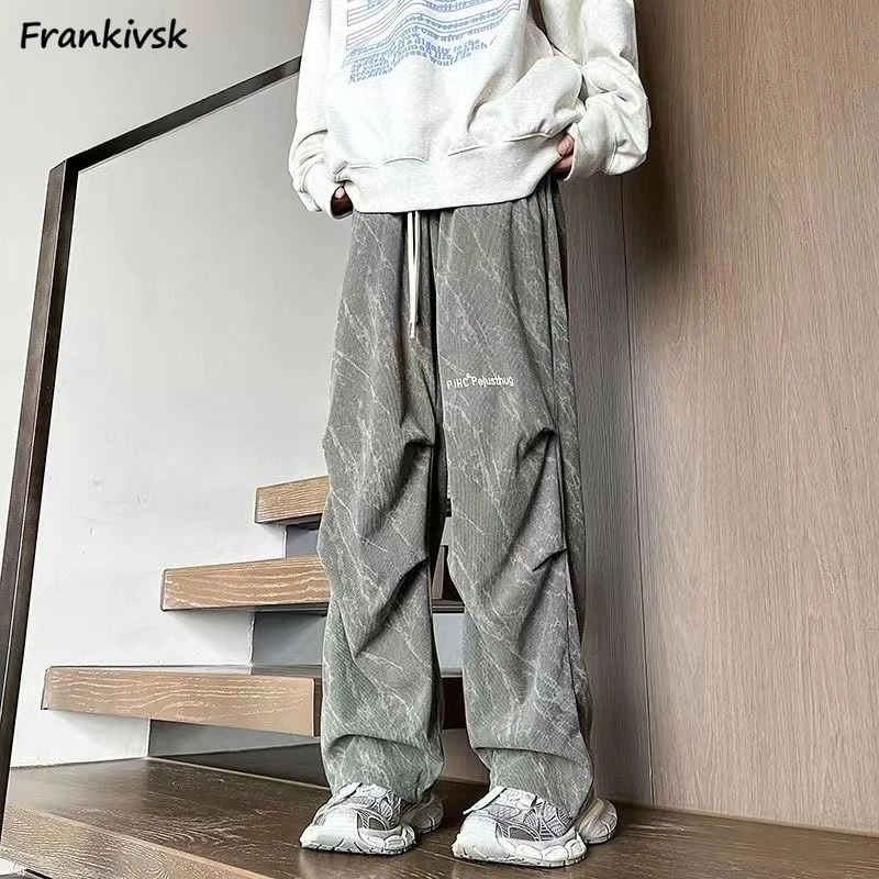 

Straight Pants Men Spring Autumn Drawstring Pleated Printing Hipster Handsome Bottoms Leisure Stylish Daily All-match Advanced