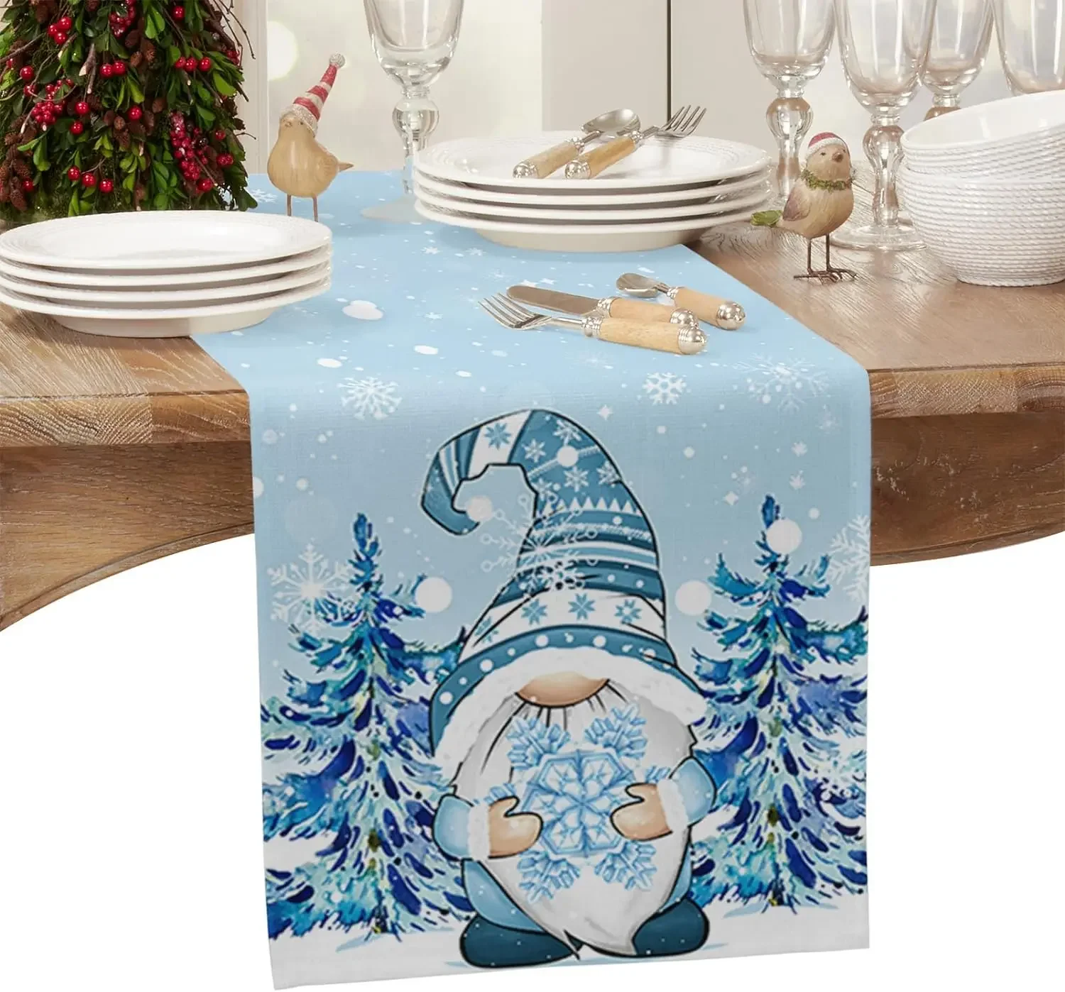 Christmas Blue Pine Tree Gnomes Linen Table Runners Dresser Scarves Table Decor Washable Dining Table Runner Navidad Decorations