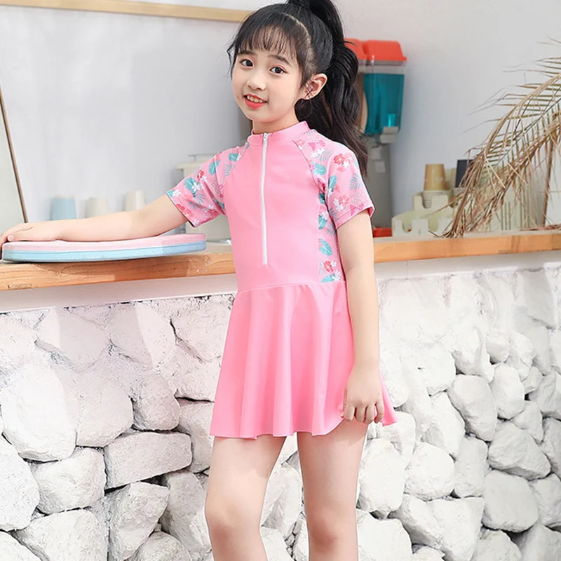 Fashion Harajuku Cute Girls Swimsuit Short Sleeve Dress Conservative Baby Kids Swimwear Sweet Kawaii Print Children's Clothes