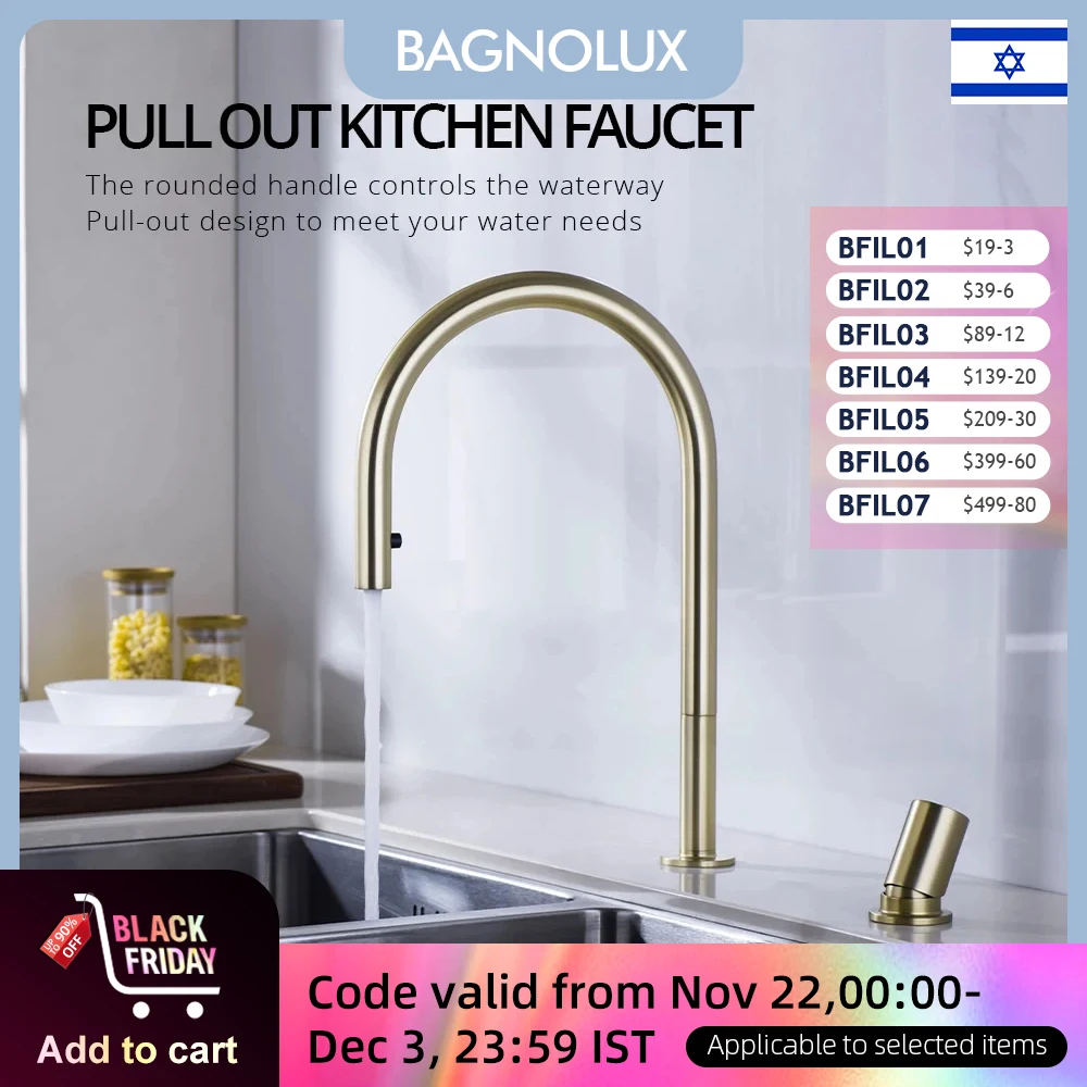 Brushed Gold Kitchen Faucet Invisible Pull Out Spray Mixer Double Hole Single Handle Solid Brass Hot and Cold Separate Sink Tap