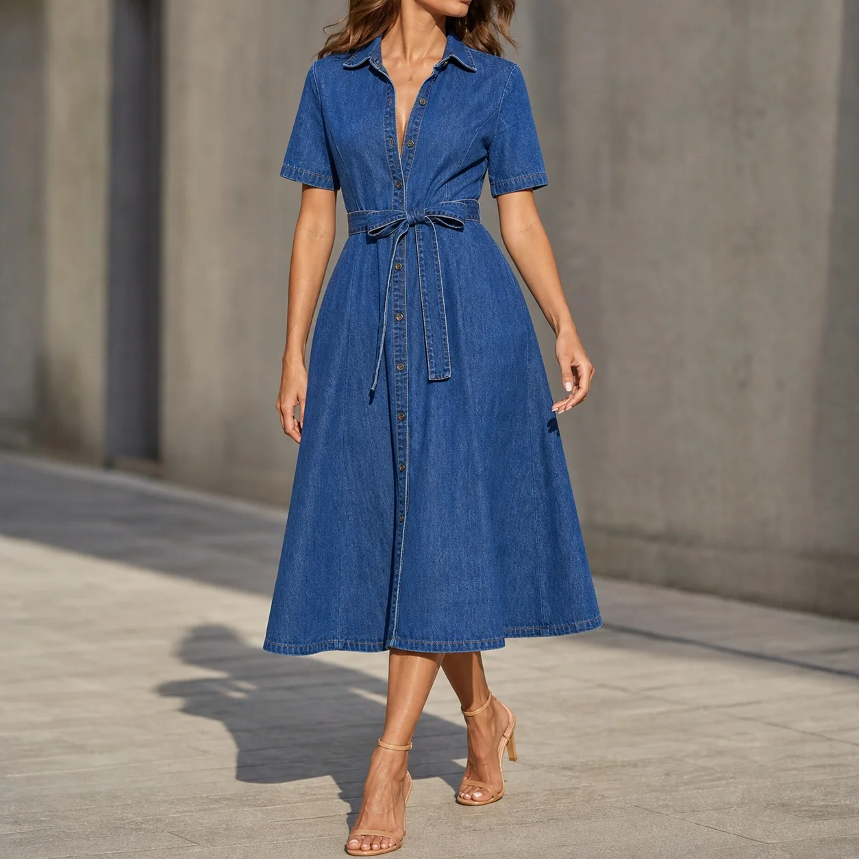 Women's Casual Summer Elegant V Neck Short Sleeve A Line Loose Fit Dress with Adjustable Tie Waist Button Front Solid Color