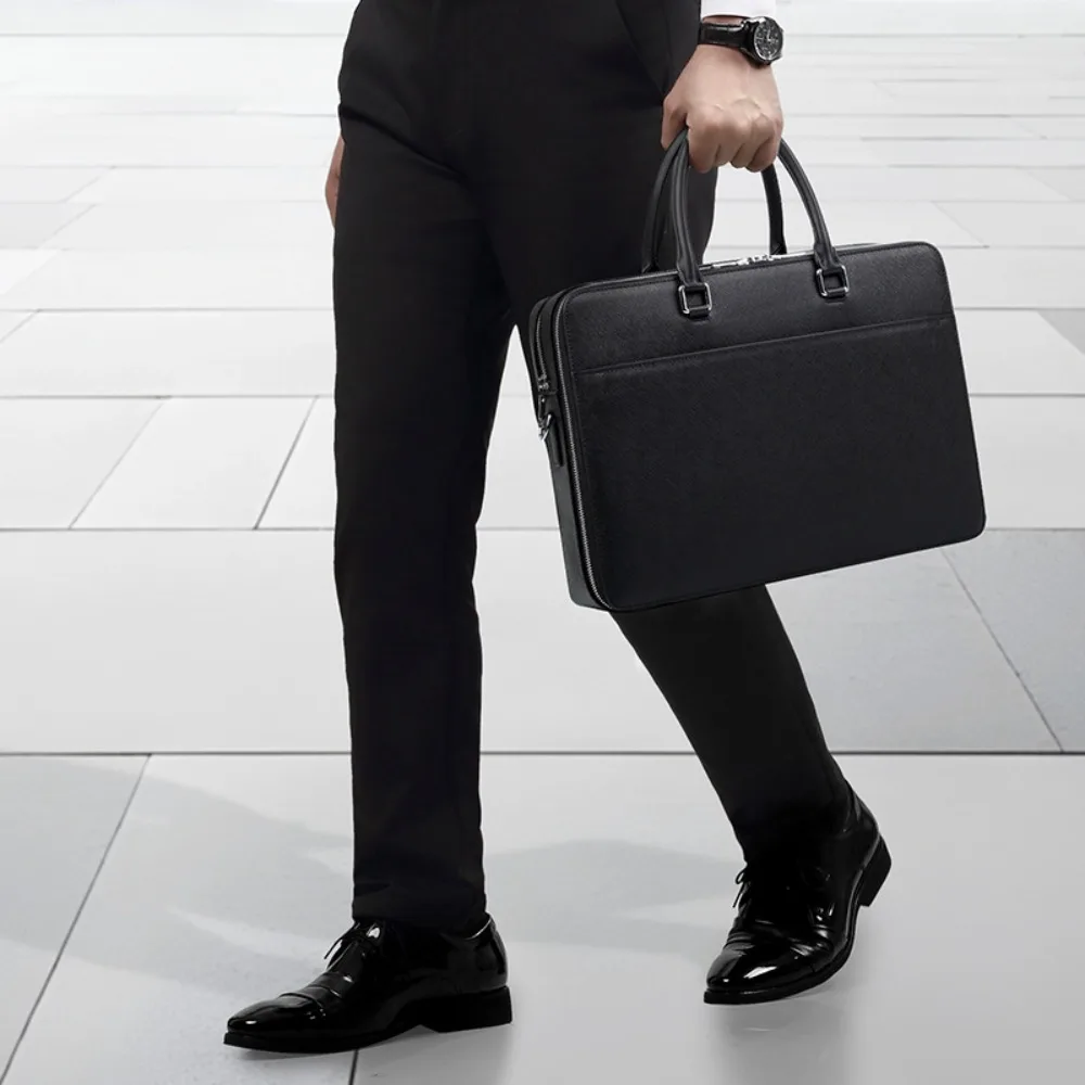 New Leather Men's Cowhide Men's Versatile Simple Briefcase Business Multifunctional Fashion Computer Bag Large Capacity Handbag
