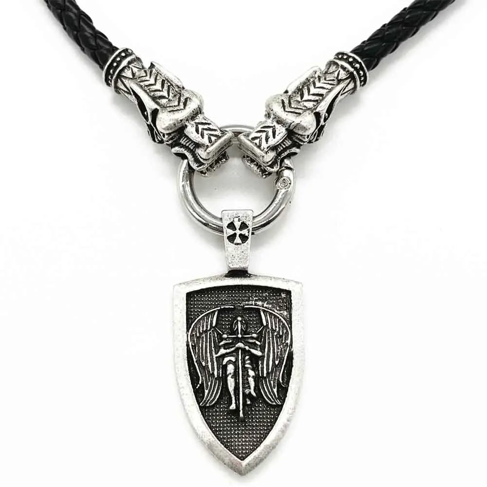 Archangel Michael Protect Us Saint Shield Amulet Talisman Pendant Wolf Head Leather Metal Chain Necklace Men Women Jewelery