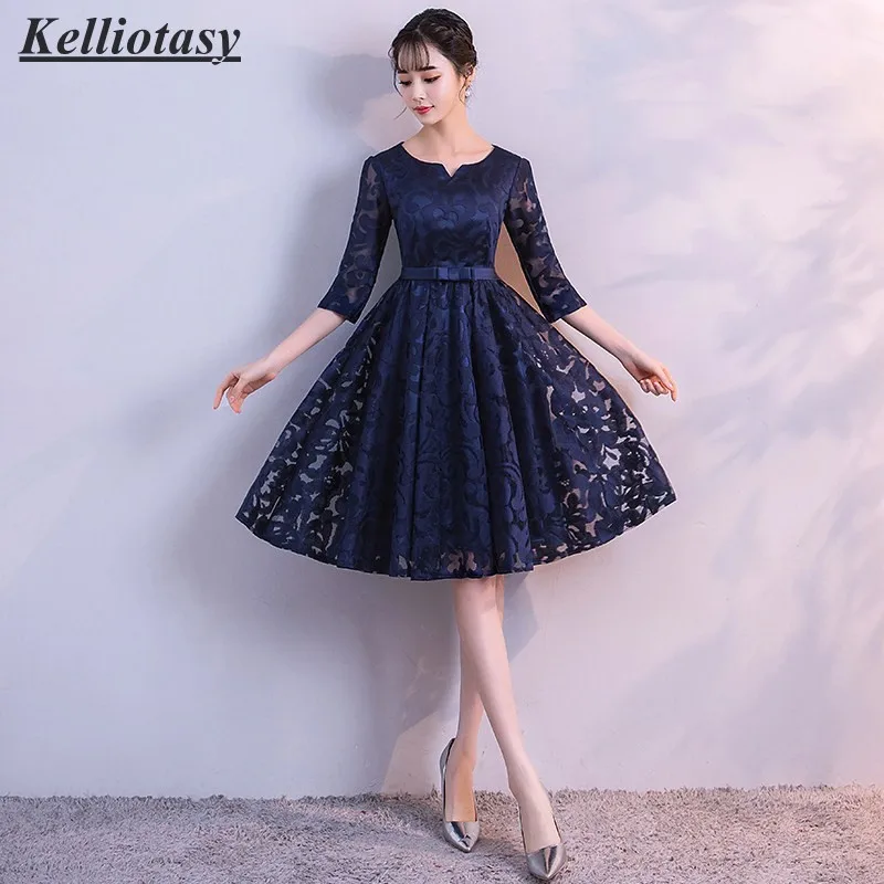 

Navy Blue Bridesmaid Dresses Aline Lace Short Bridesmaid Gown With Sleeves Waist Belt Girls Party Dress