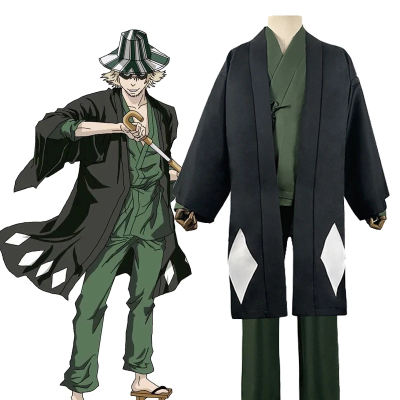 Anime Bleach Cosplay Urahara Kisuke Costume Men Women Black Kimono Pants Hat Outfits Halloween Carnival Party Costume