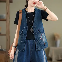 Spring 2024 Vintage Ethnic Style Printed Patchwork V-neck Retro Denim Vest Loose Single Breasted Sleeveless Cardigan Outerwear