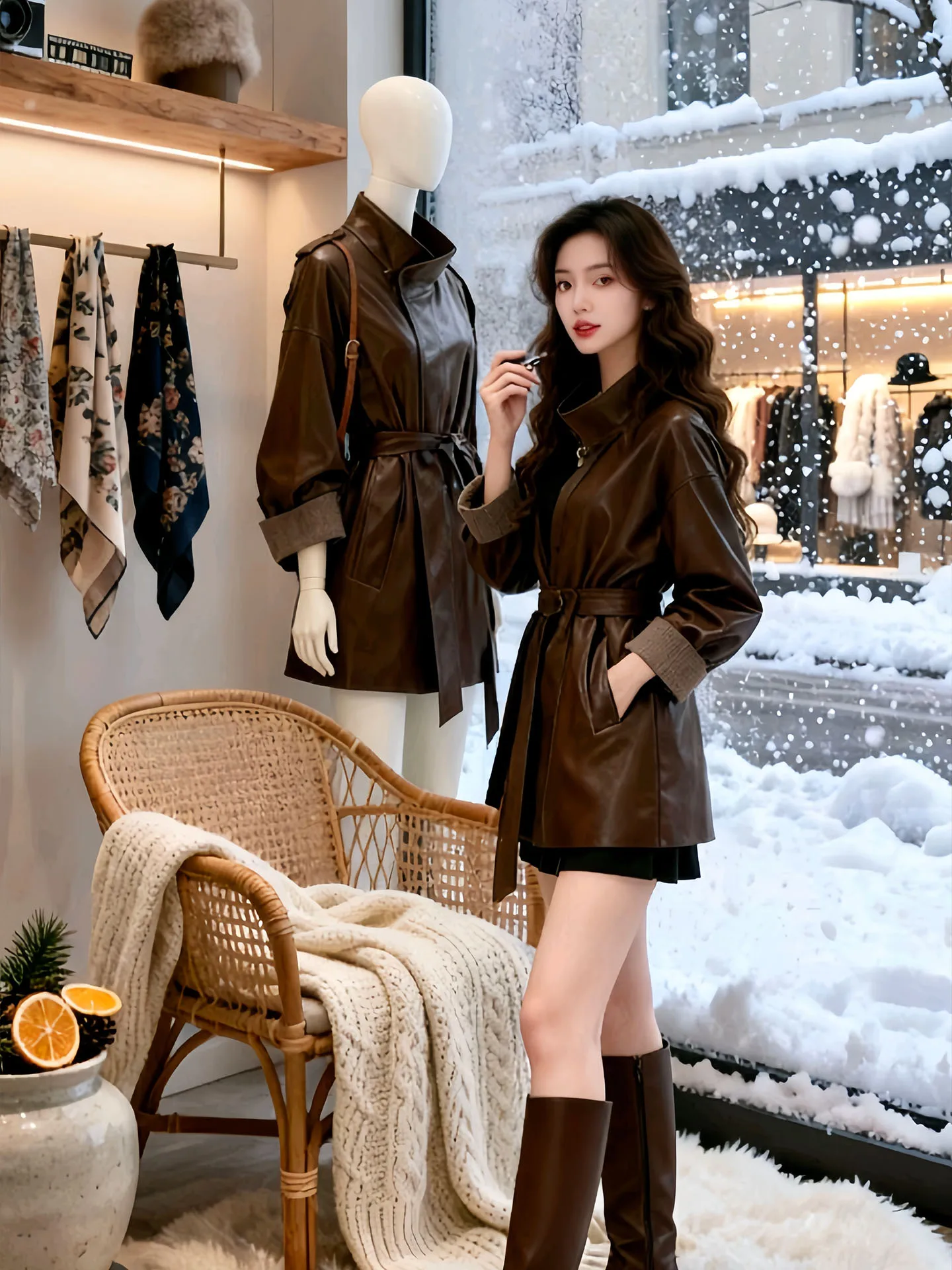 Chique com cinto gola longa jaet casaco de couro café feminino inverno novo sle versátil meados de comprimento personali topo