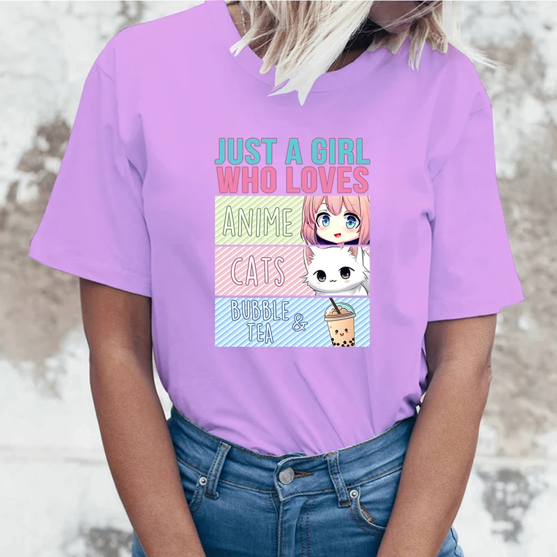 Just A Girl Who Loves Anime Cats Boba T-Shirt Women T Shirt Cosplay Clothes Streetwear Tee Shirt Plus Size Tops