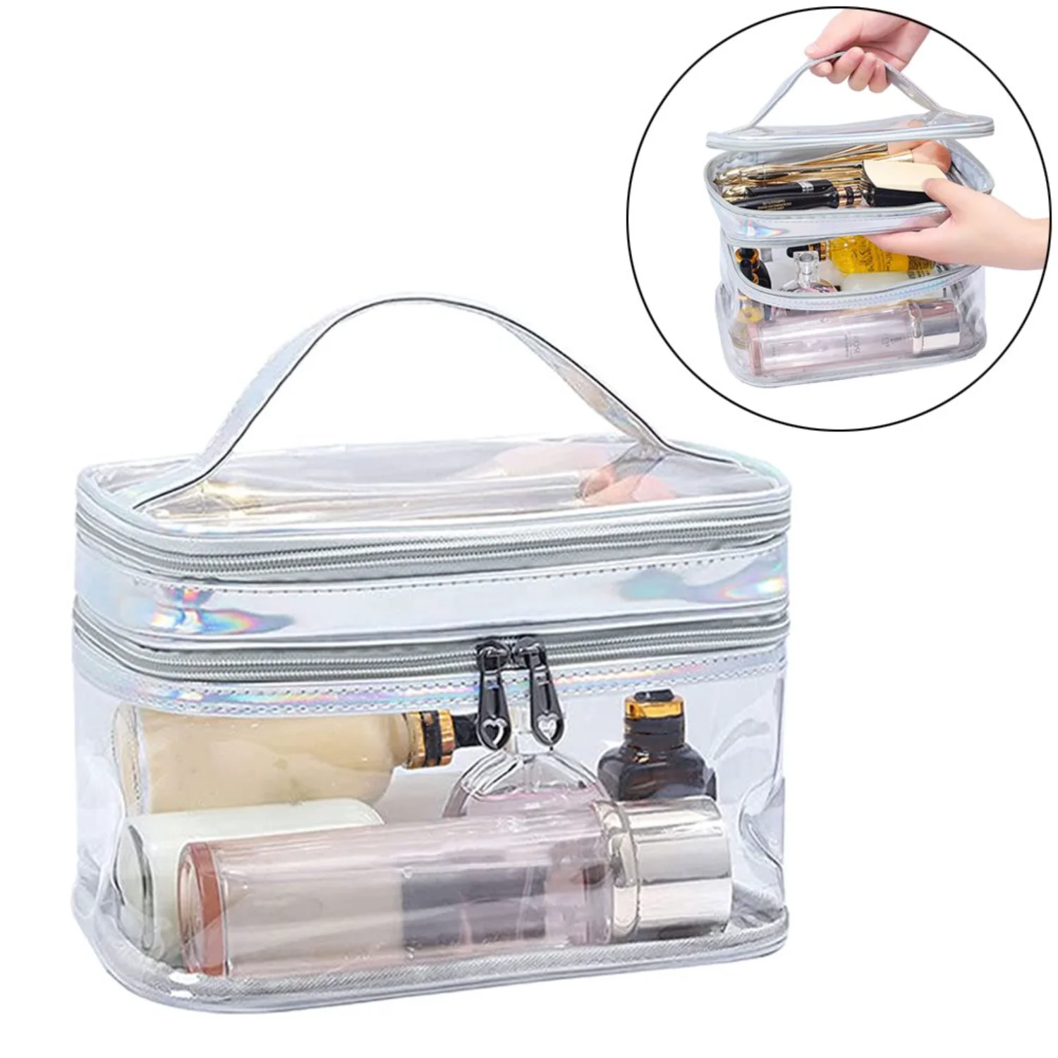 

Makeup Bag Double Layer Zipper Waterproof Toiletry Travel Organizer Silver