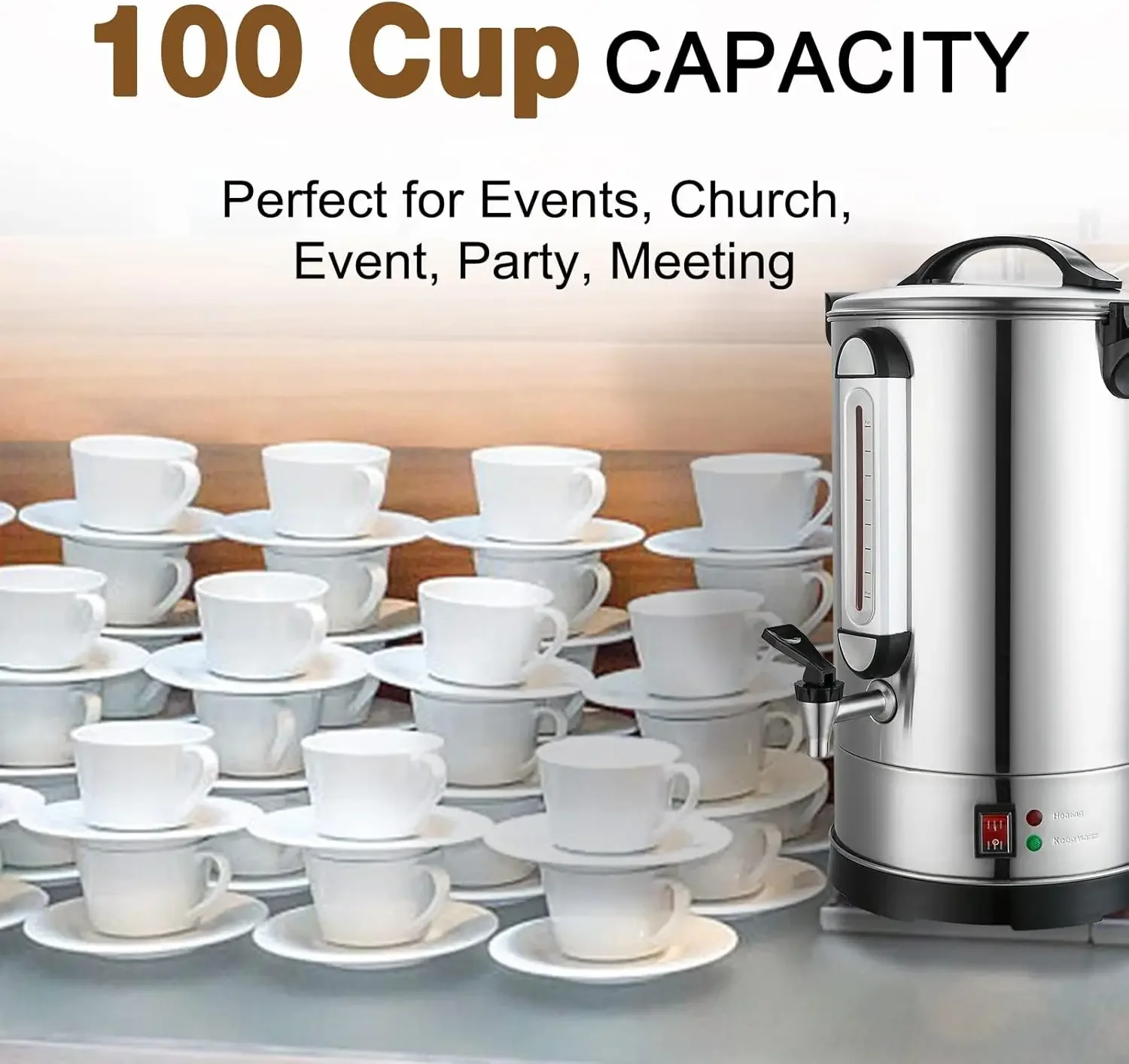 Coffee Maker 100 Cup Coffee Urn Hot Beverage Dispenser 4 Gallon 16L Large Coffee Urn Dual Layers 304 Stainless Steel 1300W Fast