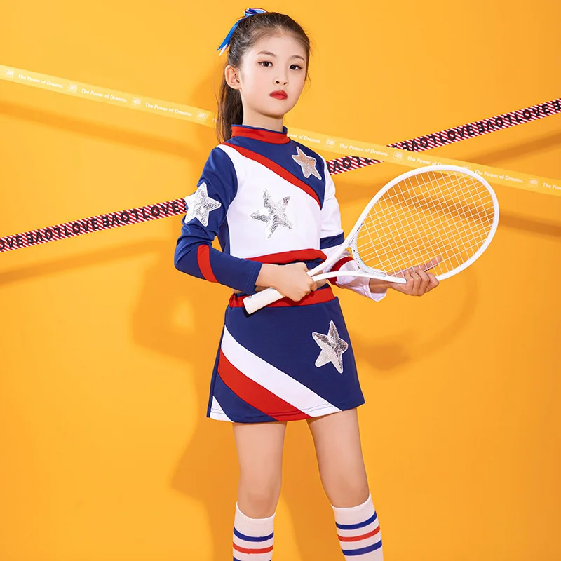 Pompoms And Socks Girls Cheerleading Uniform Dance Costume Long Sleeves Kids Cheerleader Outfit Round Neckline Patchwork Style D