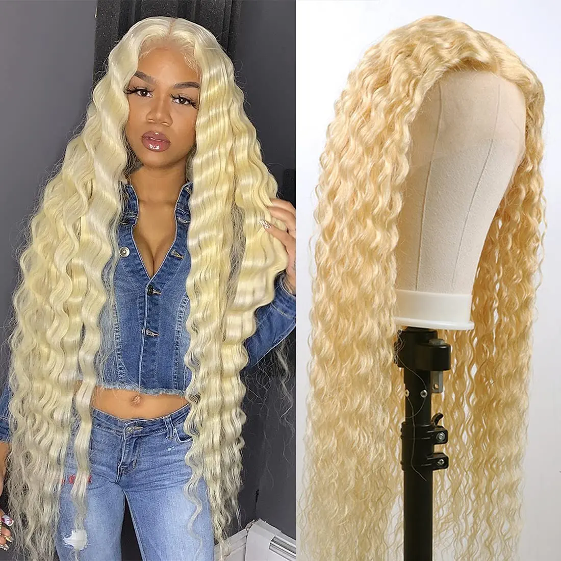 30 Inches 13x6 Lace Frontal Wig 613 Blonde 13x4 Lace Front Deep Wave Pre-Plucked Glueless Curly Human Hair Wig 150 Density