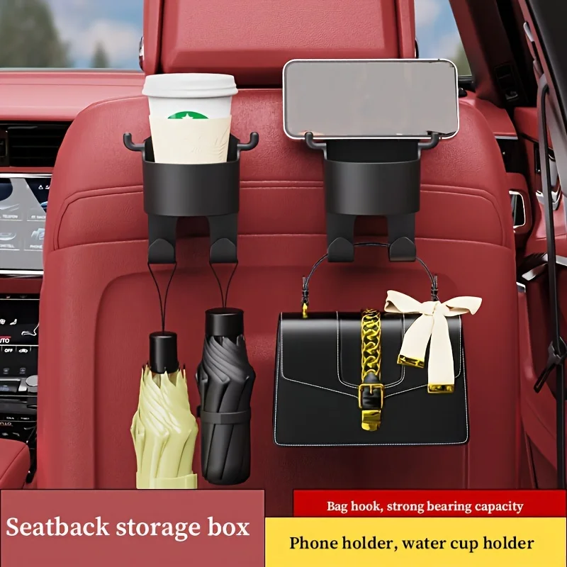 خطافات مسند رأس لمقعد السيارة متعددة الوظائف - عبوتان من حوامل أكواب المقعد الخلفي للمركبة باللون الأسود مع حامل هاتف وخطافات تخزين للحقائب #4