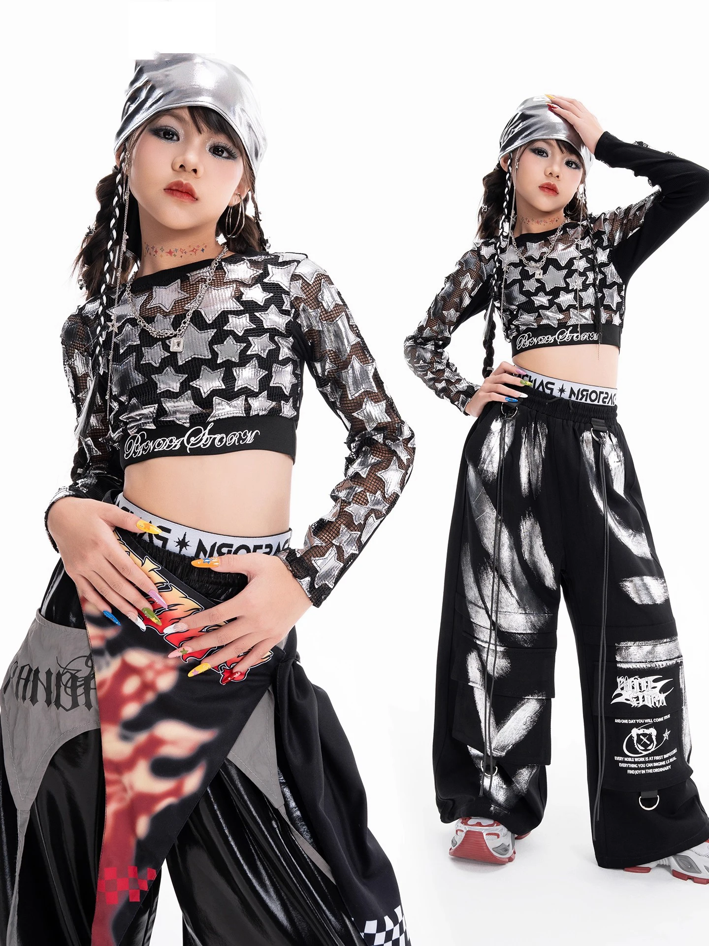 여자 재즈 댄스 의상 크롭 긴 소매 탑 바지 무대 의상 어린이 스트리트 댄스 어린이 힙합 의류 DN22077